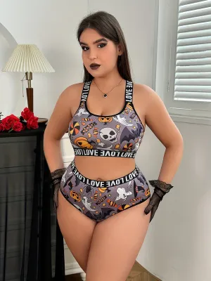 2-Piece Plus Size Women's Sports Lingerie Set - Halloween Print, Comfortable & Breathable for Curvy Women