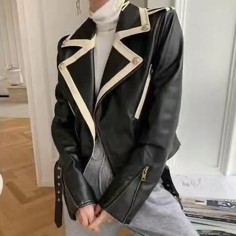 2022 New Design Genuine Sheepskin Leather Jackets Rivet MotorcycleJacket Women Real Leather Coat Turn Down Collar TF4773