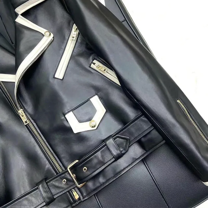 2022 New Design Genuine Sheepskin Leather Jackets Rivet MotorcycleJacket Women Real Leather Coat Turn Down Collar TF4773