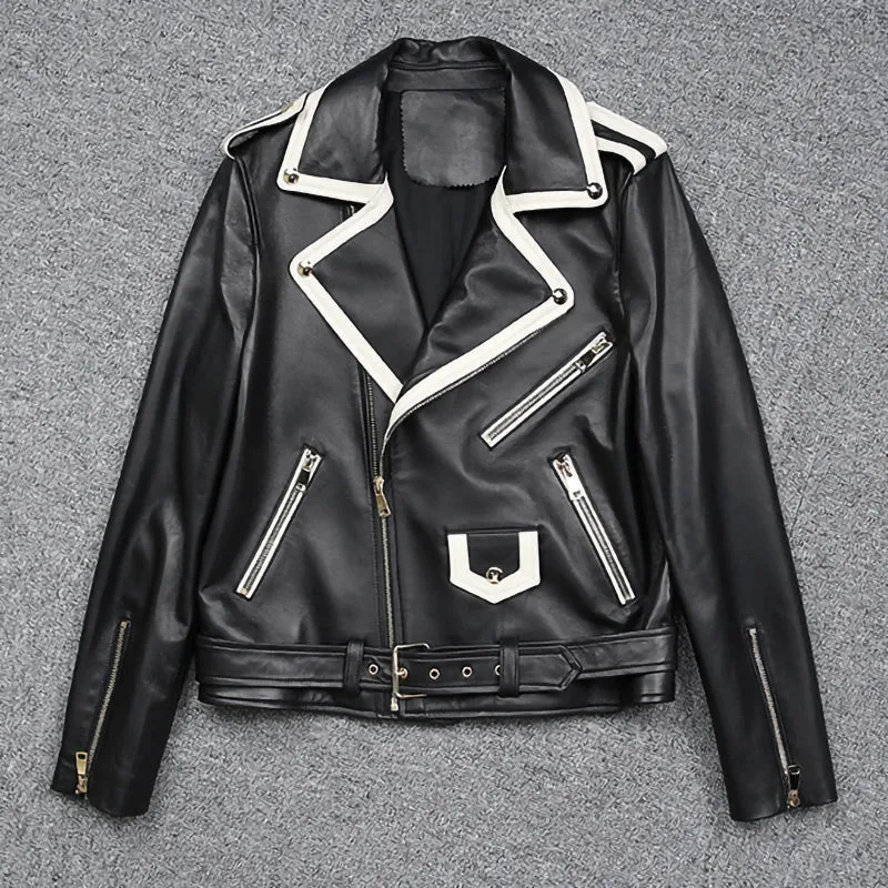2022 New Design Genuine Sheepskin Leather Jackets Rivet MotorcycleJacket Women Real Leather Coat Turn Down Collar TF4773