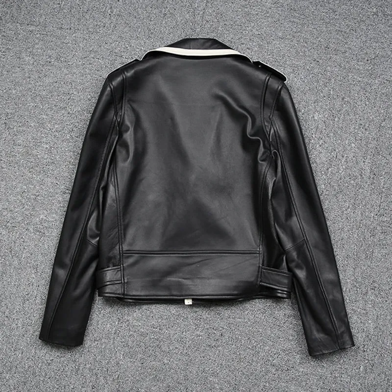 2022 New Design Genuine Sheepskin Leather Jackets Rivet MotorcycleJacket Women Real Leather Coat Turn Down Collar TF4773