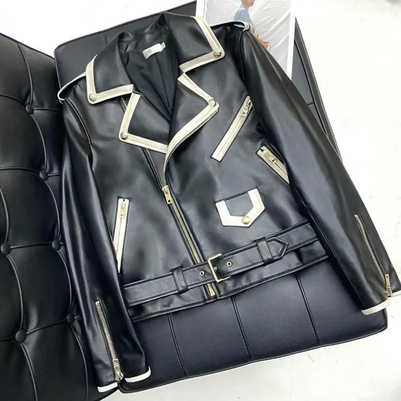2022 New Design Genuine Sheepskin Leather Jackets Rivet MotorcycleJacket Women Real Leather Coat Turn Down Collar TF4773