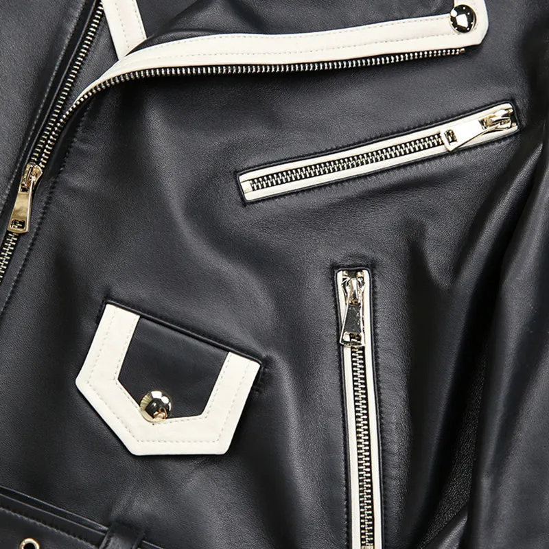 2022 New Design Genuine Sheepskin Leather Jackets Rivet MotorcycleJacket Women Real Leather Coat Turn Down Collar TF4773