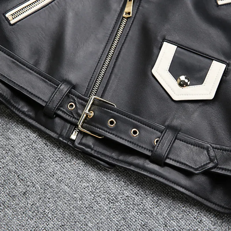 2022 New Design Genuine Sheepskin Leather Jackets Rivet MotorcycleJacket Women Real Leather Coat Turn Down Collar TF4773
