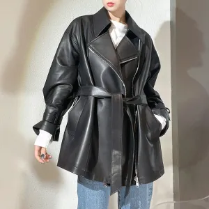 2022 New Style Genuine Sheepskin Leather Jacket Luxury Real Leather Coat Oversize With Belt CL4871