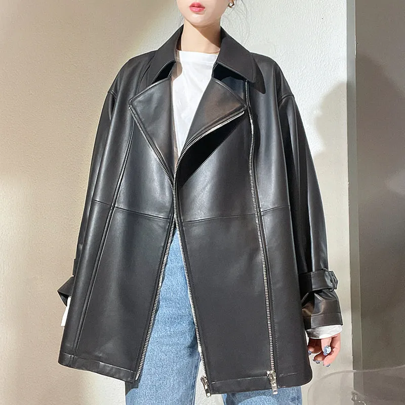 2022 New Style Genuine Sheepskin Leather Jacket Luxury Real Leather Coat Oversize With Belt CL4871