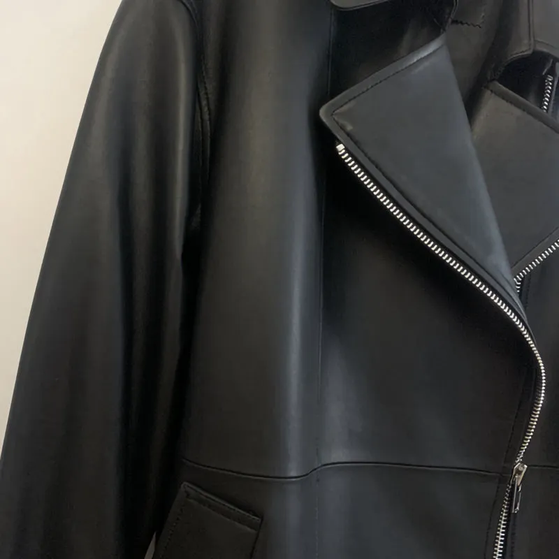 2022 New Style Genuine Sheepskin Leather Jacket Luxury Real Leather Coat Oversize With Belt CL4871