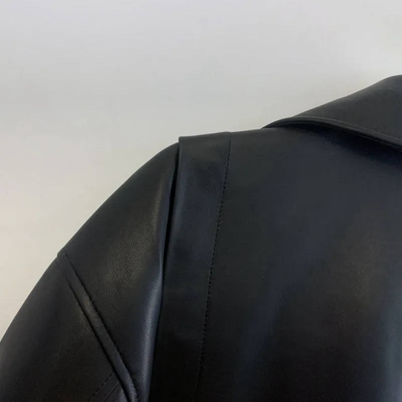 2022 New Style Genuine Sheepskin Leather Jacket Luxury Real Leather Coat Oversize With Belt CL4871