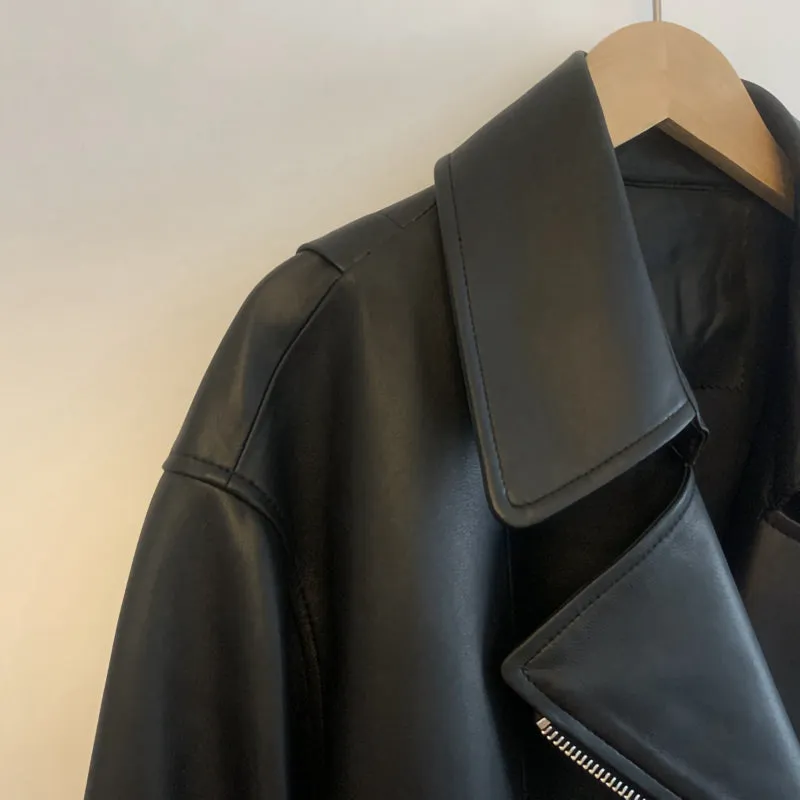 2022 New Style Genuine Sheepskin Leather Jacket Luxury Real Leather Coat Oversize With Belt CL4871