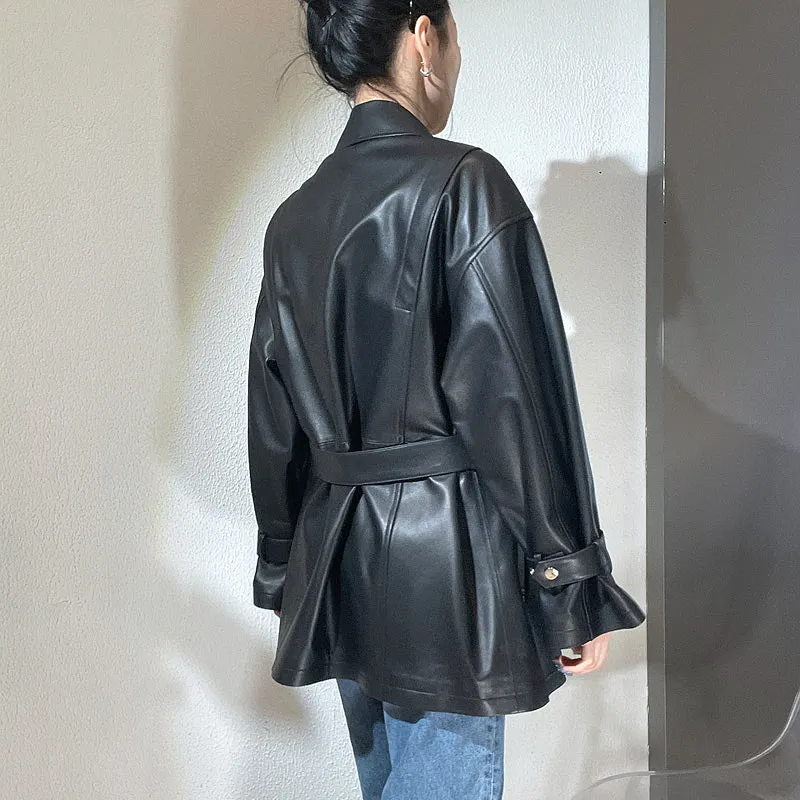 2022 New Style Genuine Sheepskin Leather Jacket Luxury Real Leather Coat Oversize With Belt CL4871