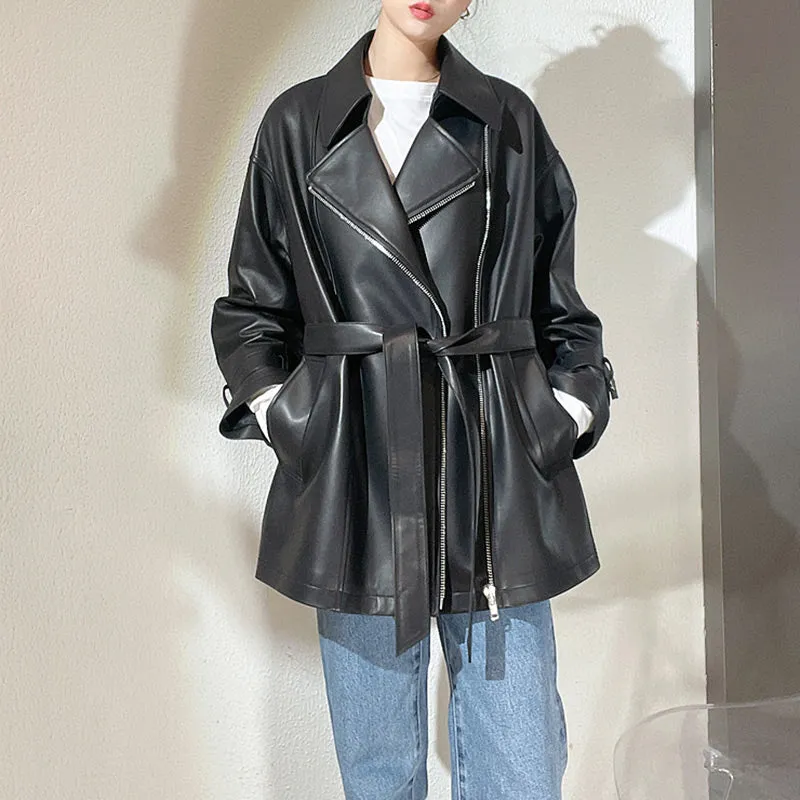 2022 New Style Genuine Sheepskin Leather Jacket Luxury Real Leather Coat Oversize With Belt CL4871