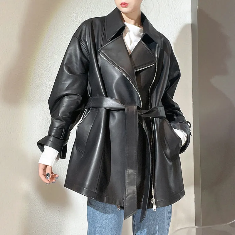 2022 New Style Genuine Sheepskin Leather Jacket Luxury Real Leather Coat Oversize With Belt CL4871
