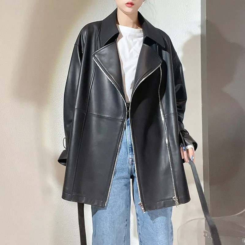 2022 New Style Genuine Sheepskin Leather Jacket Luxury Real Leather Coat Oversize With Belt CL4871