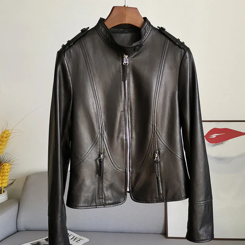 2022 Spring Leather Jackets Women Fashion Motorcycle Sheepskin Coat Lady Autumn Biker Jacket Black Full Sleeve CL4004