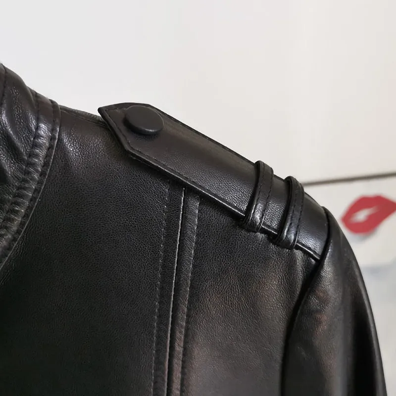 2022 Spring Leather Jackets Women Fashion Motorcycle Sheepskin Coat Lady Autumn Biker Jacket Black Full Sleeve CL4004