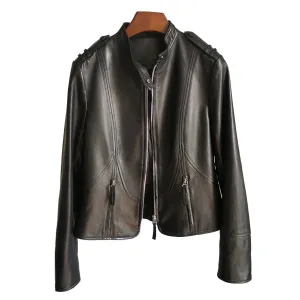 2022 Spring Leather Jackets Women Fashion Motorcycle Sheepskin Coat Lady Autumn Biker Jacket Black Full Sleeve CL4004