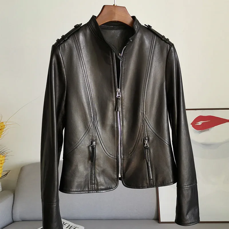2022 Spring Leather Jackets Women Fashion Motorcycle Sheepskin Coat Lady Autumn Biker Jacket Black Full Sleeve CL4004