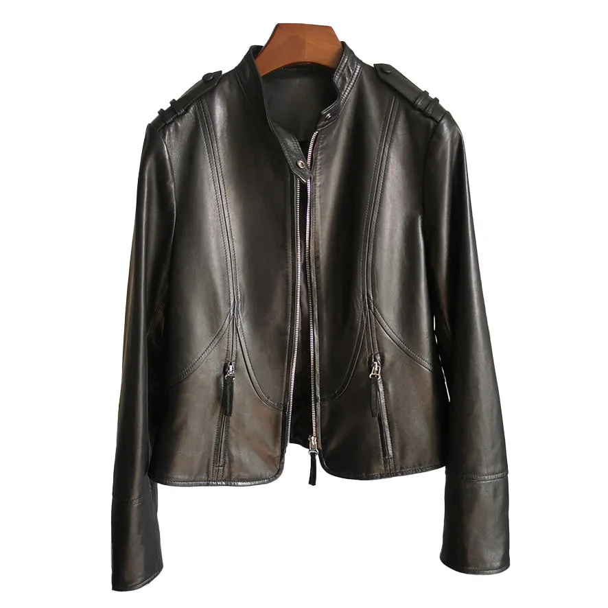 2022 Spring Leather Jackets Women Fashion Motorcycle Sheepskin Coat Lady Autumn Biker Jacket Black Full Sleeve CL4004