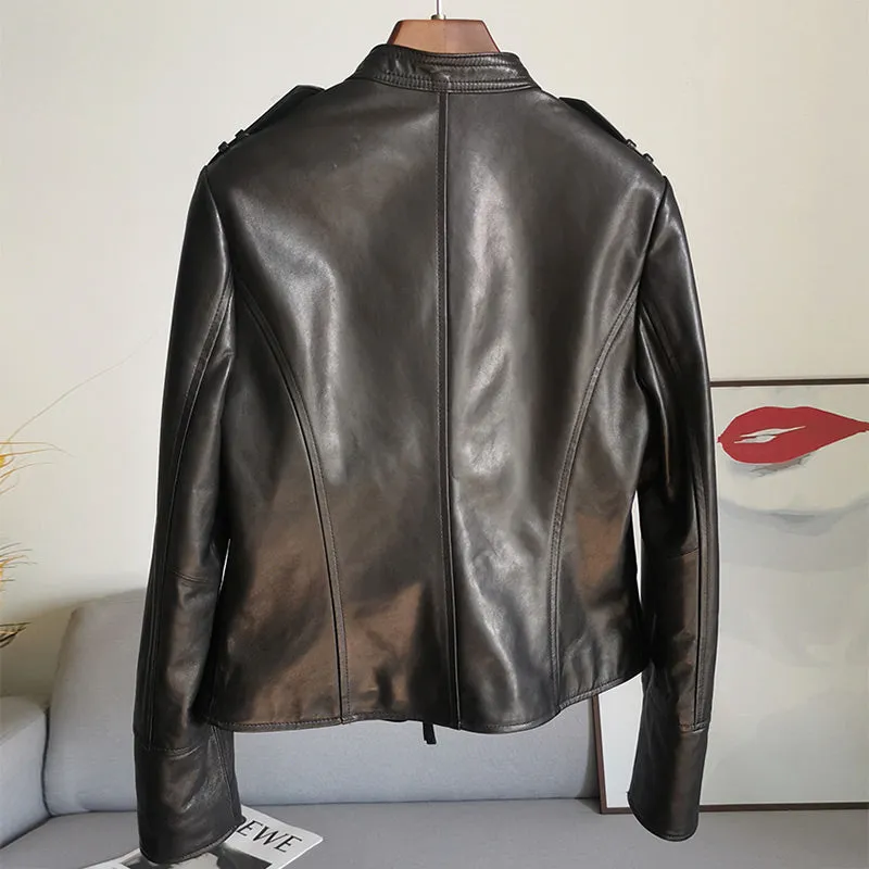 2022 Spring Leather Jackets Women Fashion Motorcycle Sheepskin Coat Lady Autumn Biker Jacket Black Full Sleeve CL4004