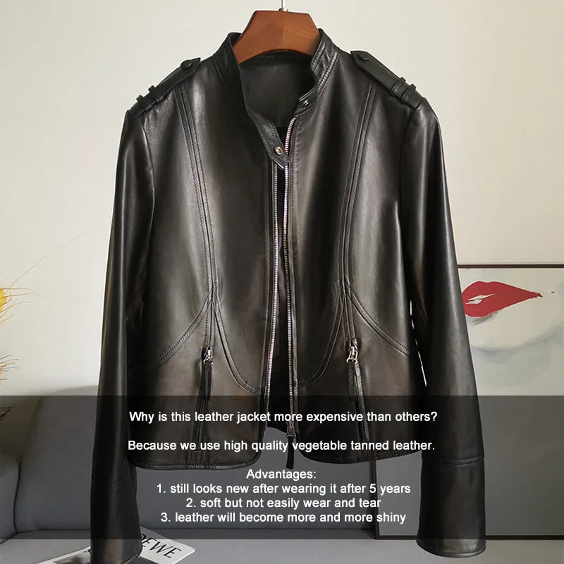 2022 Spring Leather Jackets Women Fashion Motorcycle Sheepskin Coat Lady Autumn Biker Jacket Black Full Sleeve CL4004