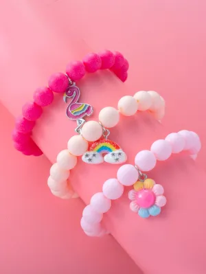 3pcs/set Cute Cartoon Flamingo & Rainbow Decor Bracelet For Girls Kids Bracelet