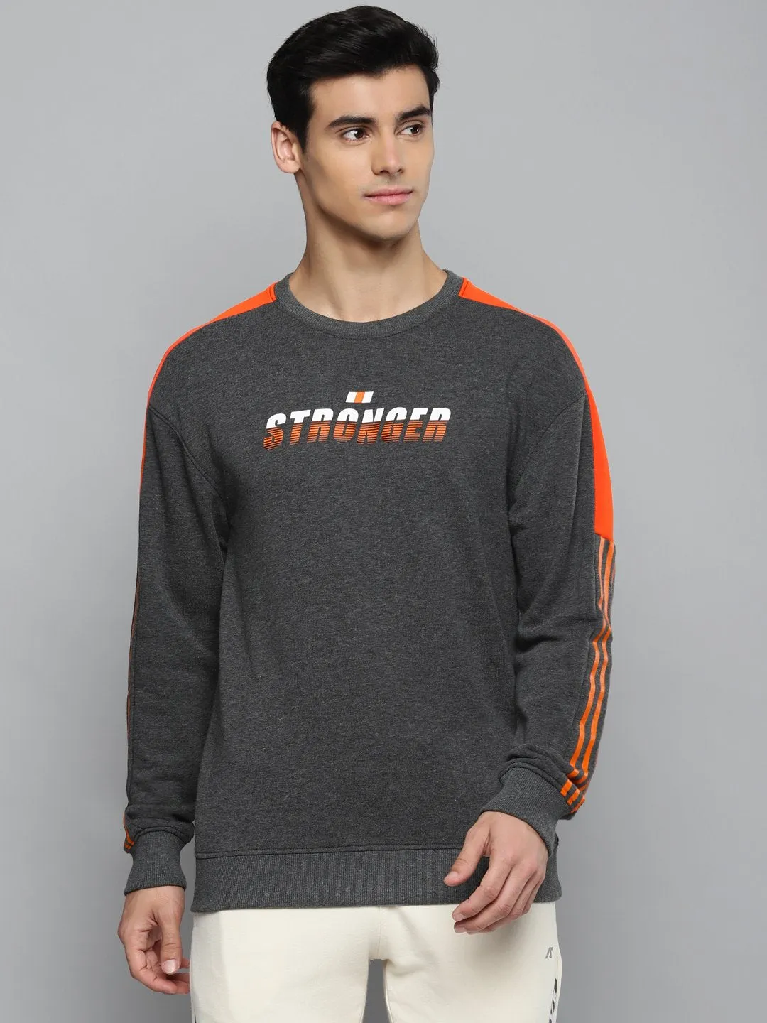 Alcis Men Charcoal Grey & White Typography Printed Cotton Sweatshirt
