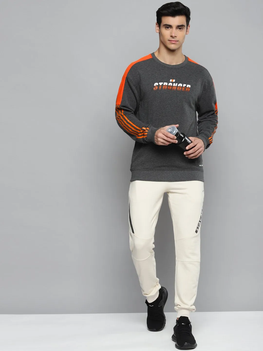 Alcis Men Charcoal Grey & White Typography Printed Cotton Sweatshirt