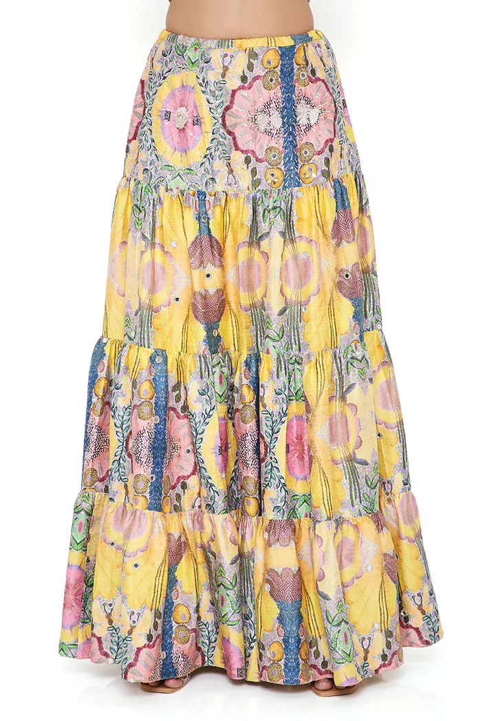 ALICE YELLOW ENCHANTED PRINT DUPION SILK EMBROIDERED BUSTIER AND SKIRT