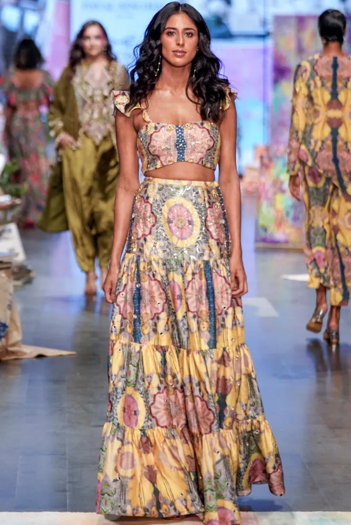 ALICE YELLOW ENCHANTED PRINT DUPION SILK EMBROIDERED BUSTIER AND SKIRT