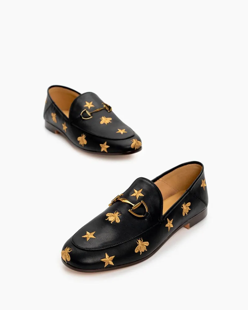 Alina Bee and Star Embroidery Leather Loafers