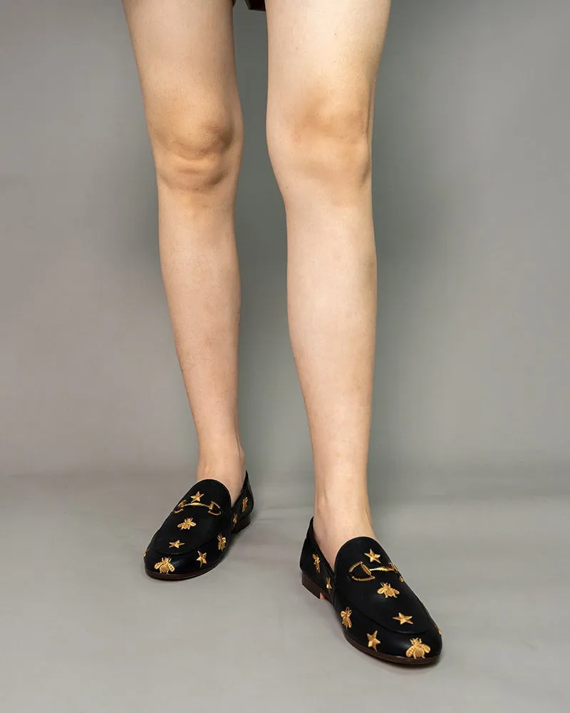 Alina Bee and Star Embroidery Leather Loafers