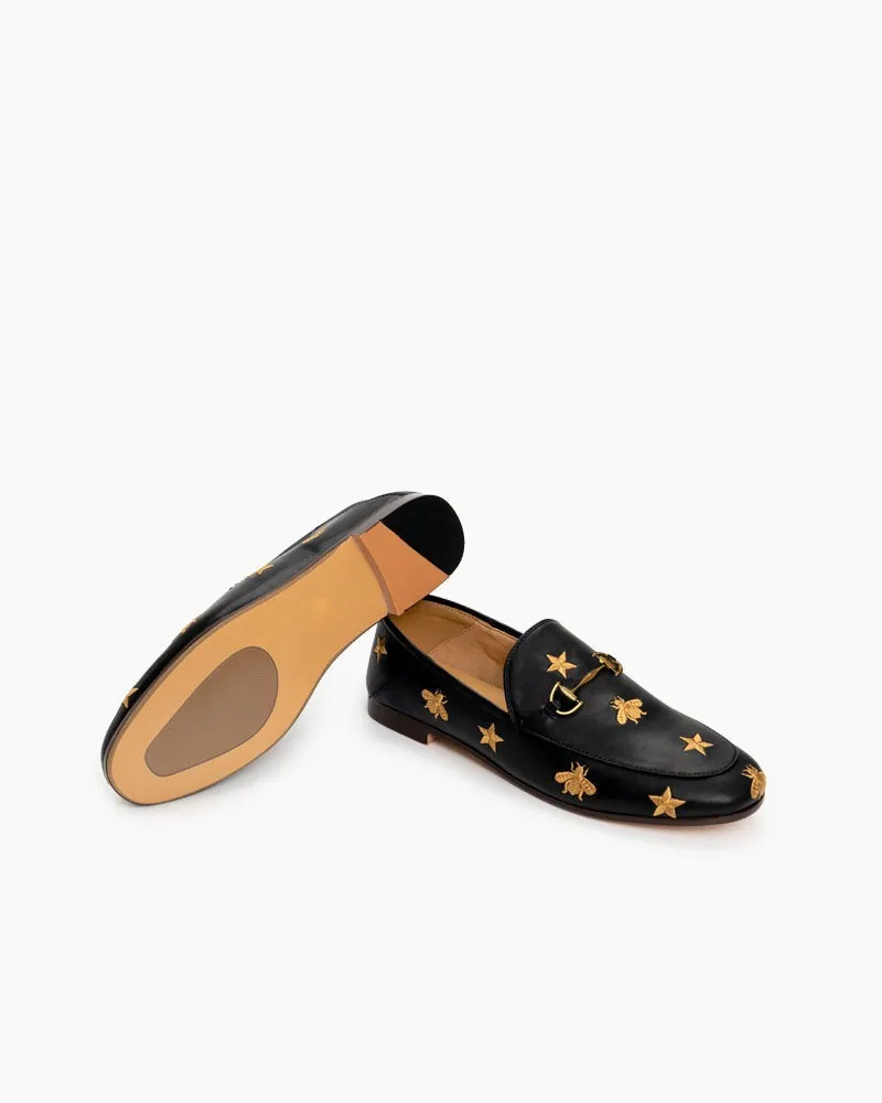 Alina Bee and Star Embroidery Leather Loafers