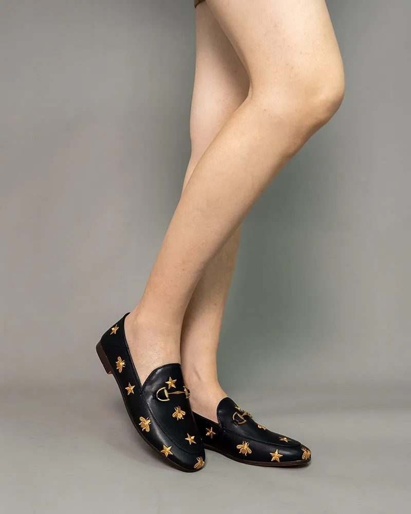 Alina Bee and Star Embroidery Leather Loafers
