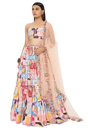 AMALIA TRANCE PRINT DUPION SILK EMBROIDERED BUSTIER WITH FRILL HEM LEHENGA AND MUKAISH NET DUPATTA