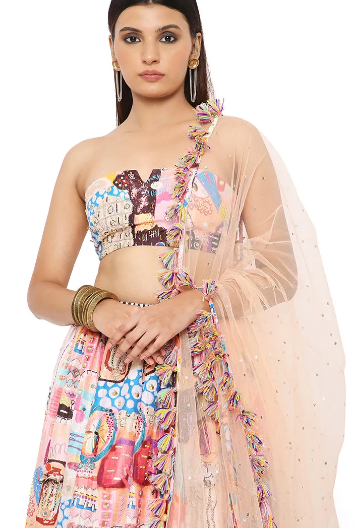 AMALIA TRANCE PRINT DUPION SILK EMBROIDERED BUSTIER WITH FRILL HEM LEHENGA AND MUKAISH NET DUPATTA