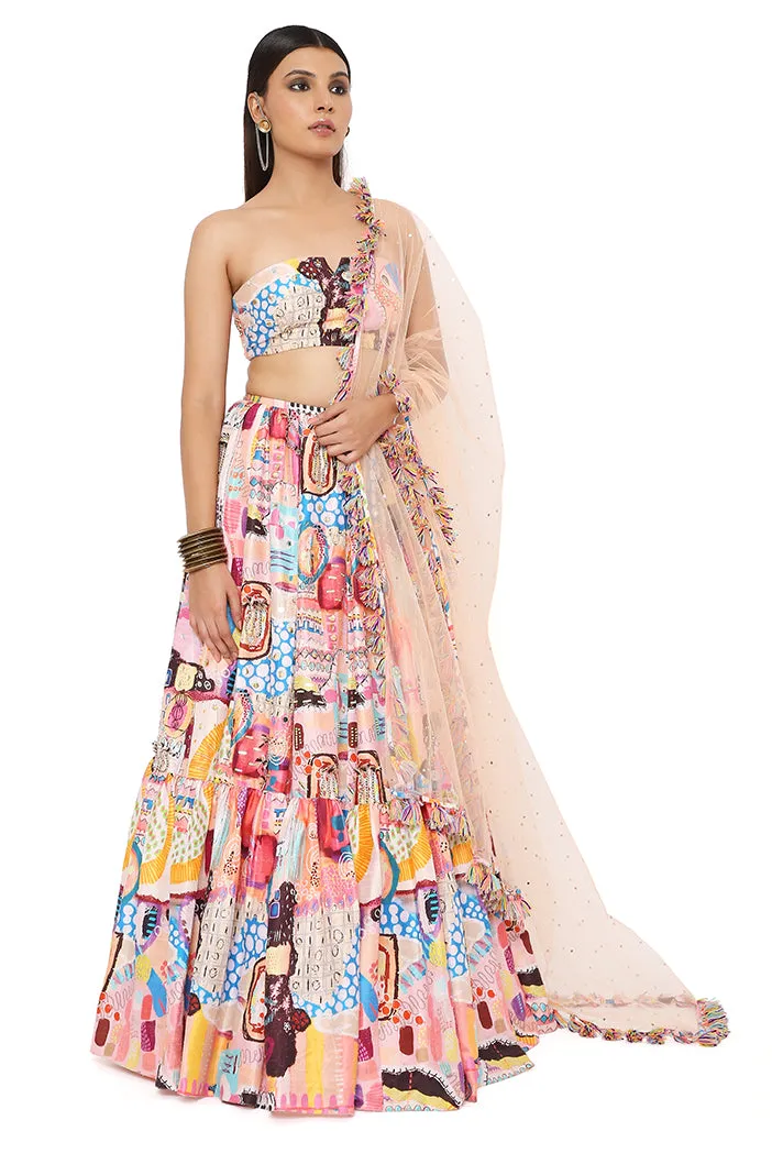 AMALIA TRANCE PRINT DUPION SILK EMBROIDERED BUSTIER WITH FRILL HEM LEHENGA AND MUKAISH NET DUPATTA