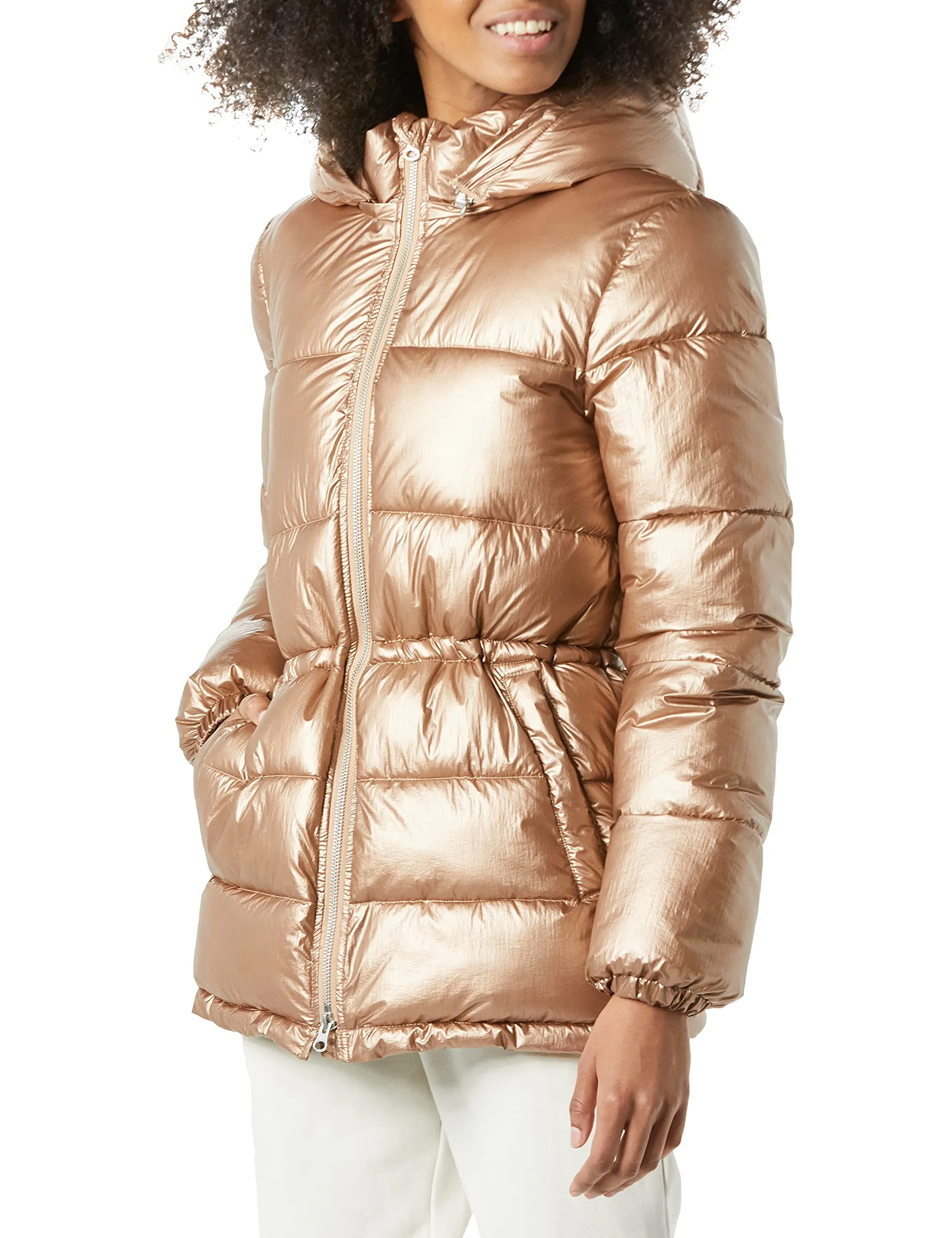 Amazon Essentials Women's Heavyweight Puffer Jacket with Drawstring Waist, Metallic Taupe, X-Small