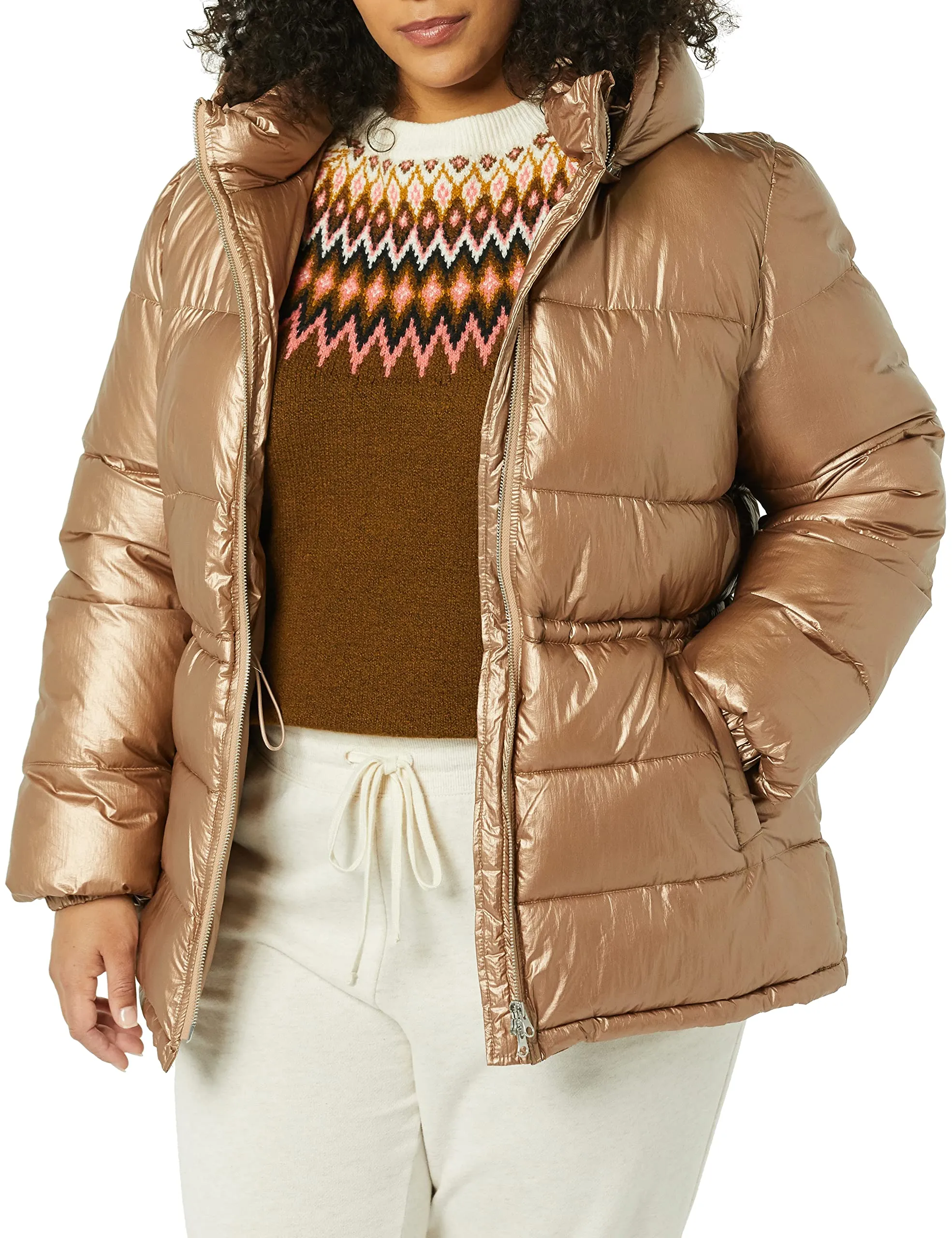 Amazon Essentials Women's Heavyweight Puffer Jacket with Drawstring Waist, Metallic Taupe, X-Small