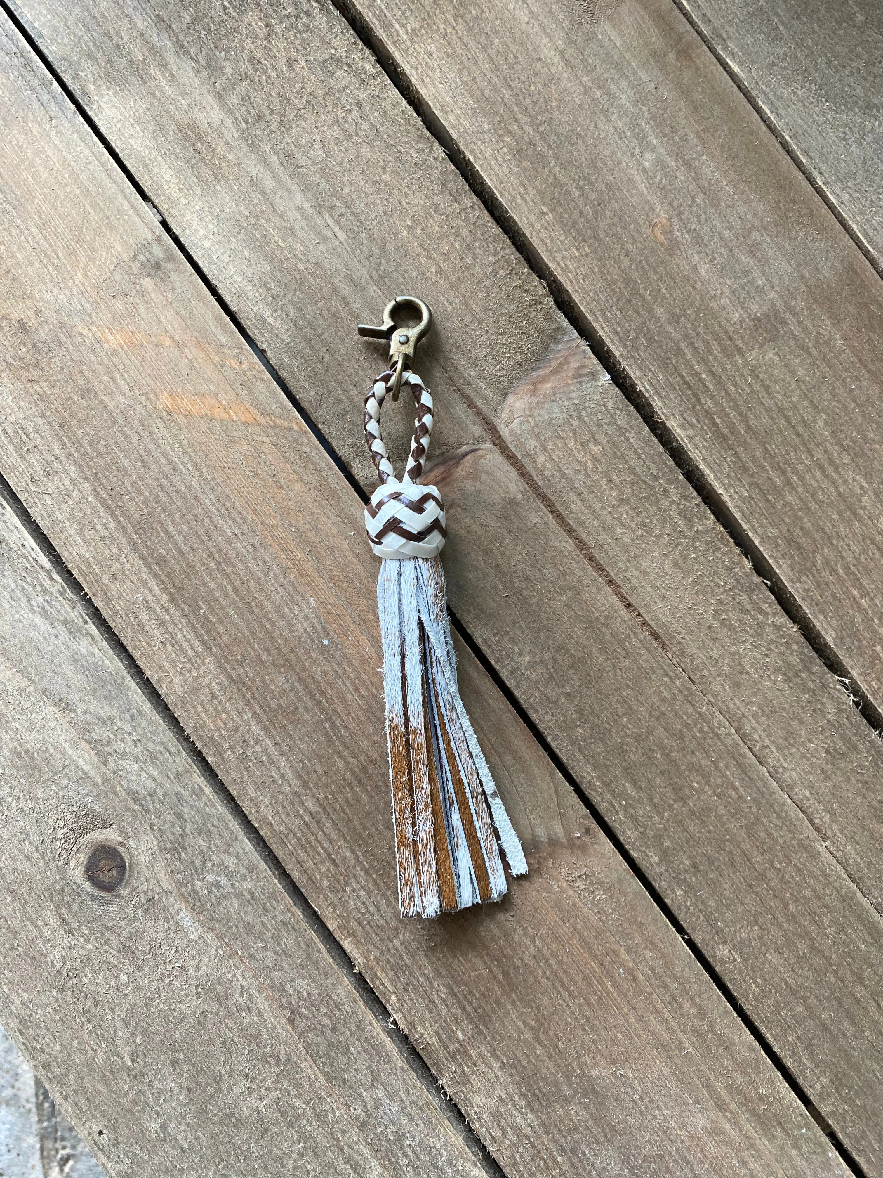 American Darling White & Chocolate Cowhide Tassel Keychain