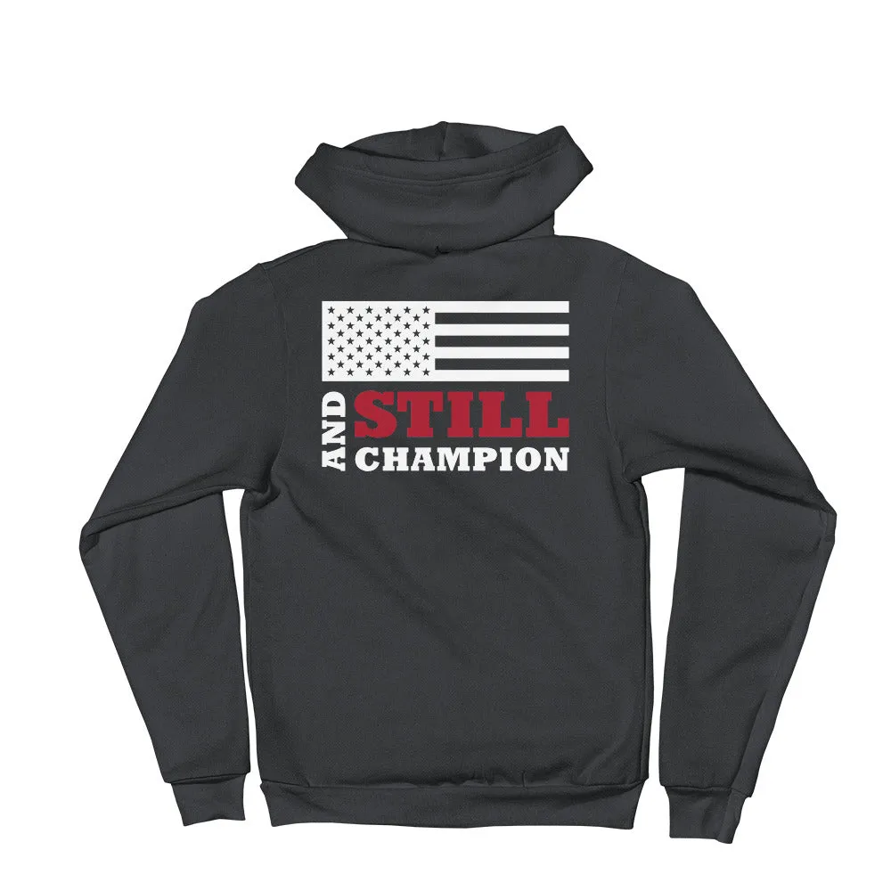 And Still Champion on crest & sleeve, ASC flag on back women's zip-up hoodie