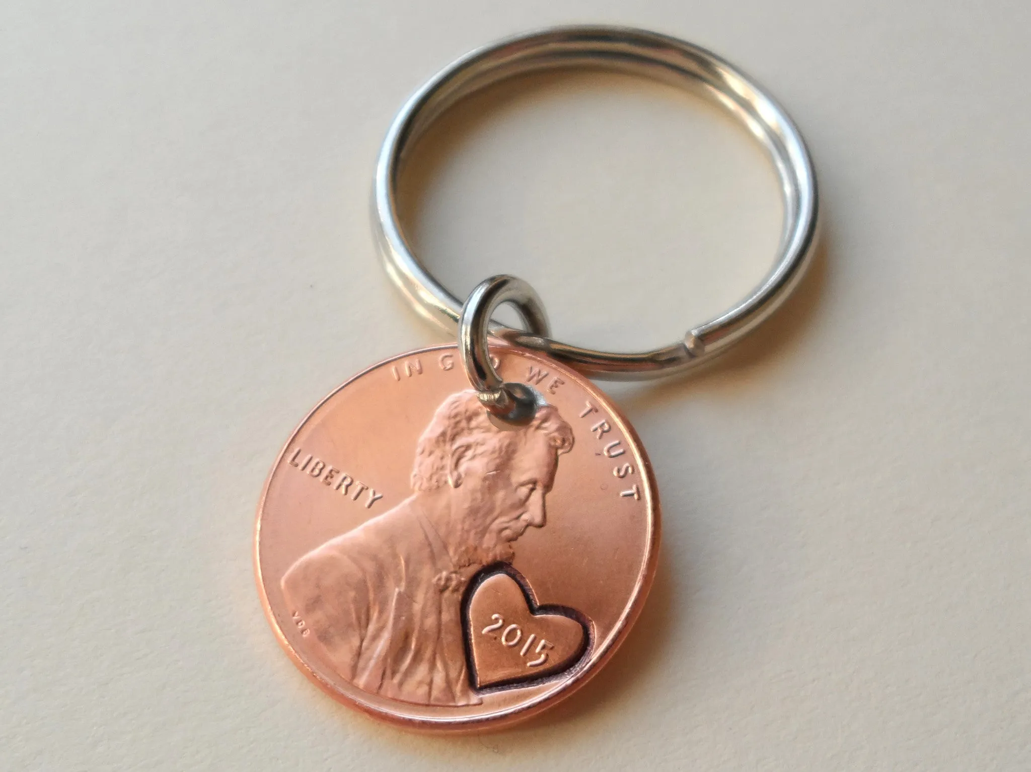 Anniversary Gift • Personalized Penny Keychain Stamped w/ Initials Along Edge & Heart Around the Year by Jewelry Everyday