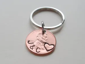 Anniversary Gift • Personalized Penny Keychain Stamped w/ Initials Along Edge & Heart Around the Year by Jewelry Everyday