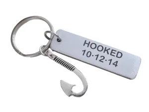 Anniversary Gift • Personalized "Hooked" w/ Anniversary Date Engraved on Aluminum Tag & Fish Hook Charm Keychain, Backside Options