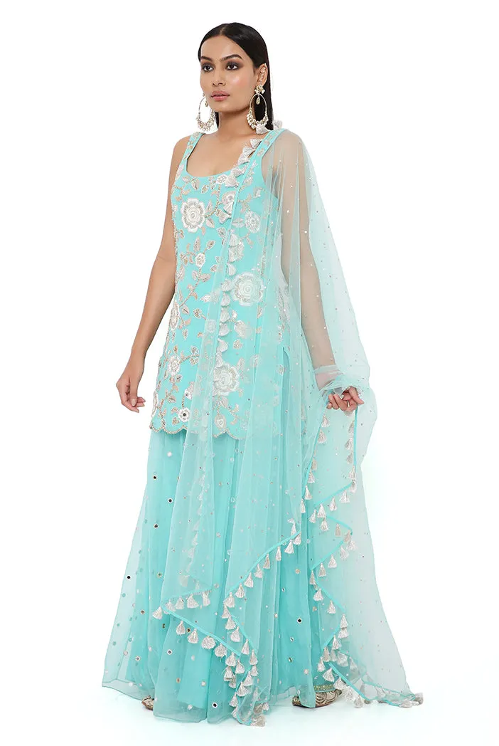 AQUA GEORGETTE EMBROIDERED KURTA WITH EMBROIDERED ORGANZA SHARARA AND NET MUKAISH DUPATTA