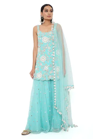 AQUA GEORGETTE EMBROIDERED KURTA WITH EMBROIDERED ORGANZA SHARARA AND NET MUKAISH DUPATTA