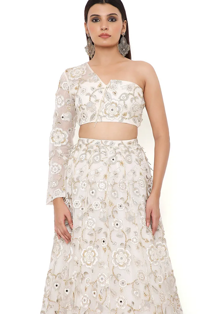 ARIKA OFF WHITE ORGANZA EMBROIDERED ONE SHOULDER TOP AND LEHENGA