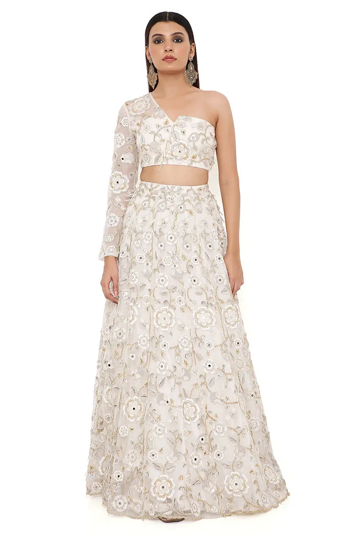 ARIKA OFF WHITE ORGANZA EMBROIDERED ONE SHOULDER TOP AND LEHENGA