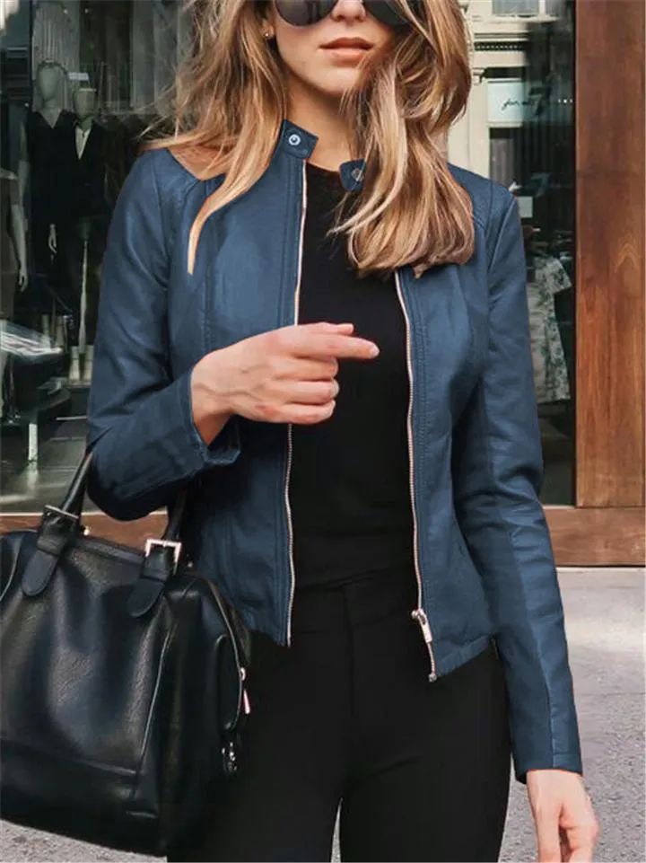 Autumn Fashion Full Zip Up Faux Leather Jackets for Women