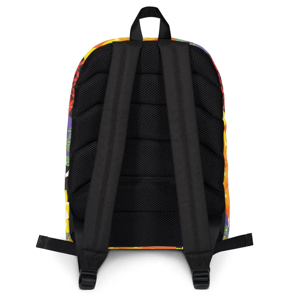 Backpack featuring an illustration of stylized flowers providing an explosion of color..