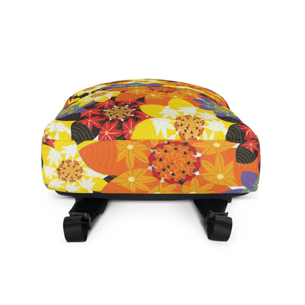 Backpack featuring an illustration of stylized flowers providing an explosion of color..